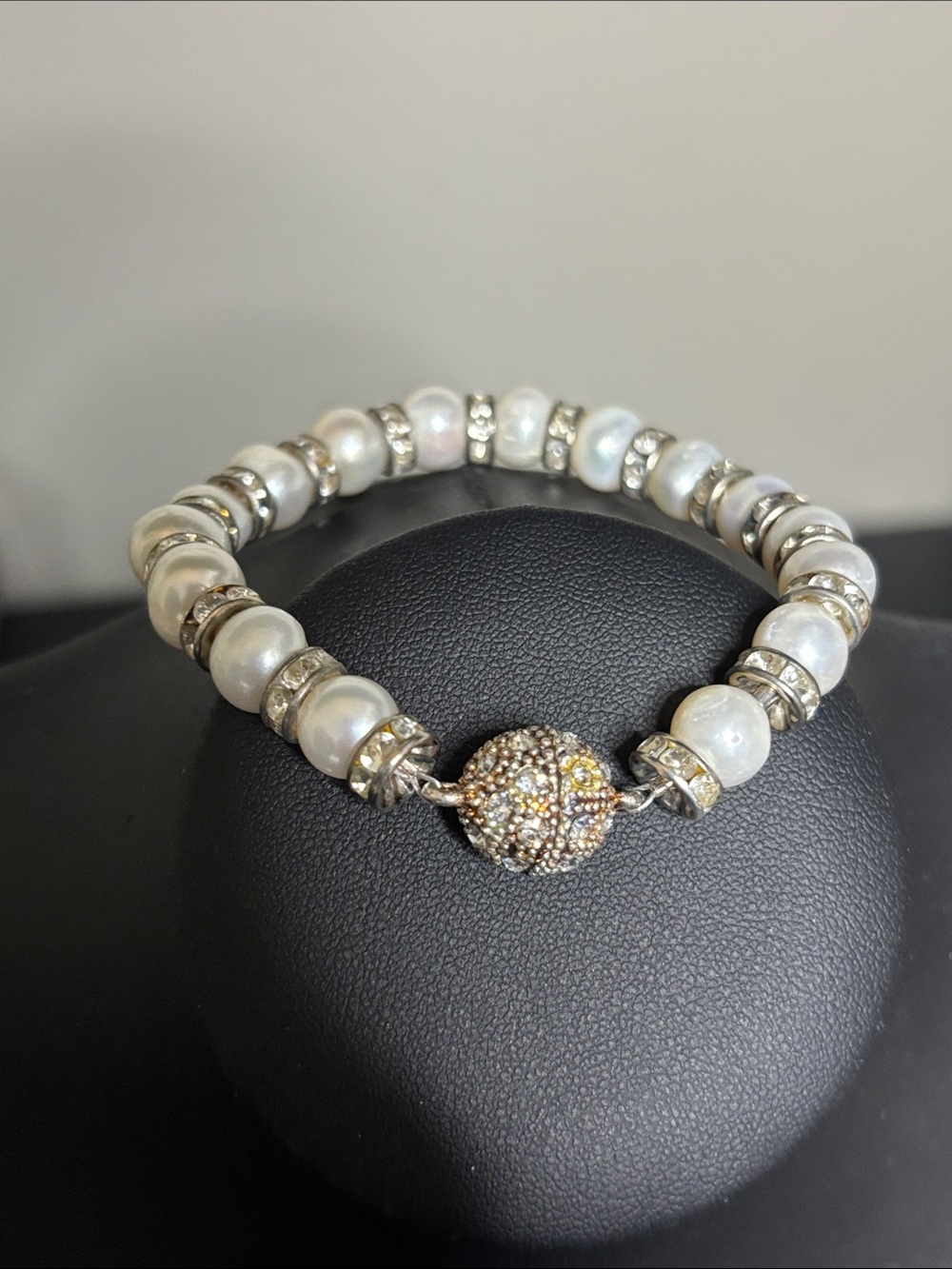 Elegant Faux Pearl Crystal Bead Bracelet with Pave Ball Magnetic Clasp